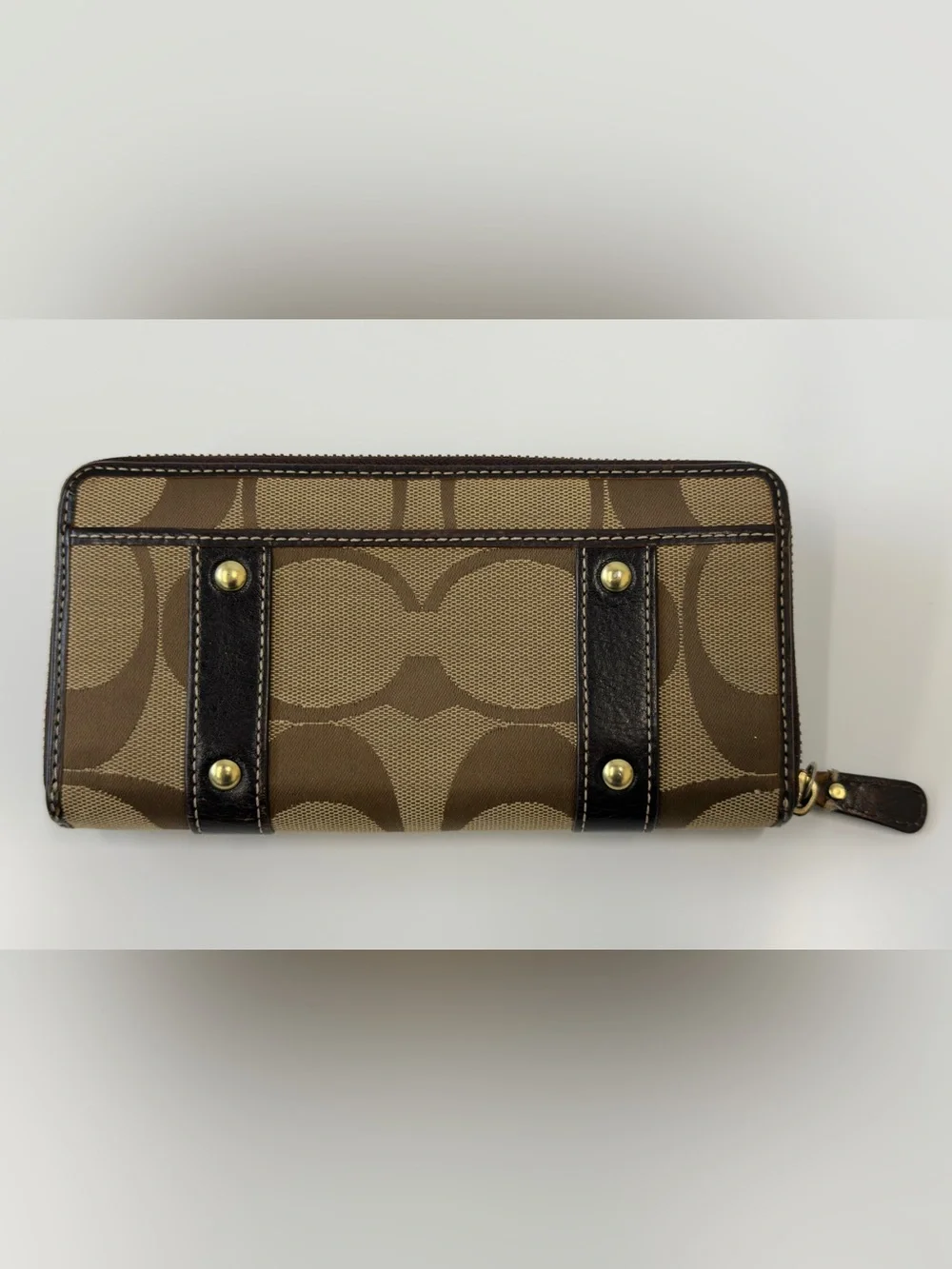 Coach Brown Signature Canvas Wallet with Dark Brown Leather and Gold Hardware